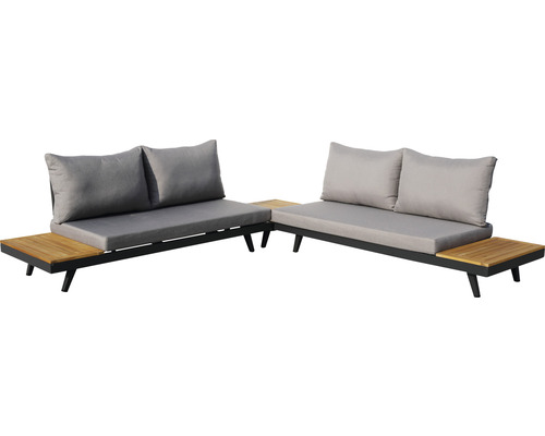 Gartenstuhl acamp Naxos Loungset 78 x 175 x 70 mm Aluminium anthrazit Zwei Gartensessel mit schwarzen Rahmen, Holztischen und grauen Kissen