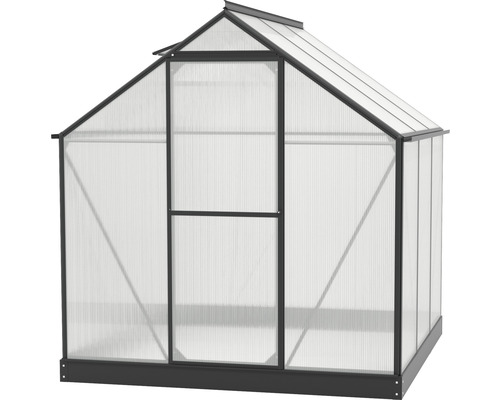 Gewächshaus mit Polycarbonatplatten und Metallrahmen.