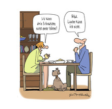 Cartoon mit einem Paar beim Essen und einem Hund unter dem Tisch