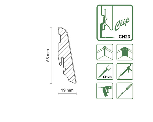 Skizze eines Sockelleistenprofils mit Abmessungen und Montagehinweisen