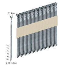 Magazinnägel mit den Abmessungen Durchmesser 7,4 Millimeter, Länge 63 bis 100 Millimeter und Durchmesser 2,8 bis 3,1 Millimeter.