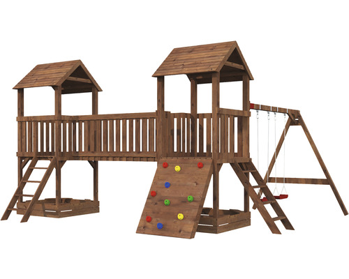 Spielturm Palmako Jesper 600 x 464 cm Holz braun bestehend aus Brücke, 2 Brettschaukeln, Leiter, Sandkasten, Kletterwand