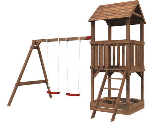 Spielturm Palmako Jesper 366 x 305 cm Holz braun bestehend aus Leiter, 2 Brettschaukeln, Sandkasten