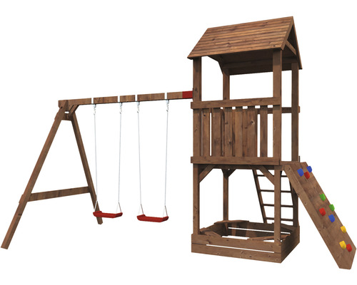 Spielturm aus Holz mit Schaukel, Rutsche und Kletterwand