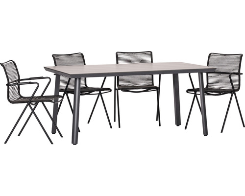 Gartenmöbelset acamp alpha rope Biarritz 4 -Sitzer bestehend aus: 4x Sessel mit Lehne, Tisch Aluminium Stahl Polyrattan anthrazit braun stapelbar Gartentischgruppe mit Tisch und vier Stühlen
