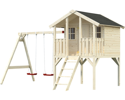 Spielhaus aus Holz mit Schaukel