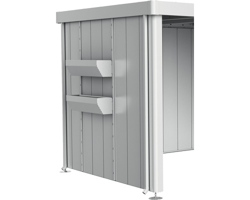 Blumenkasten Biohort FloraBoard zu Seitendach Gartenhaus Neo silber Detailansicht eines Gerätehauses mit Regalen