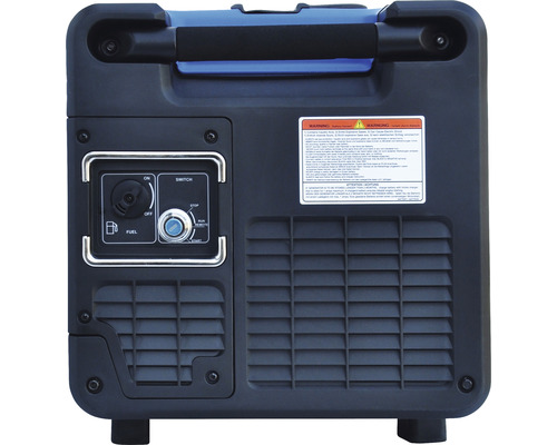 Rückansicht eines Stromerzeugers mit Bedienelementen und Warnhinweisen