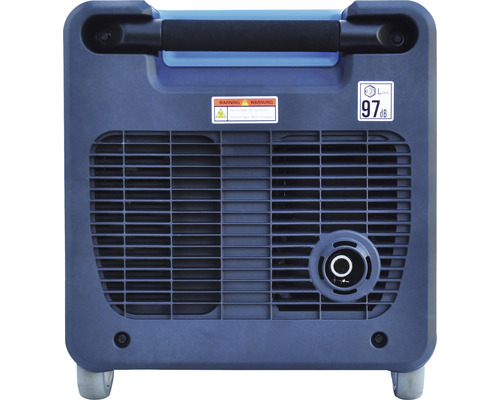 Rückansicht eines Stromerzeugers mit Griff und Warnhinweisen