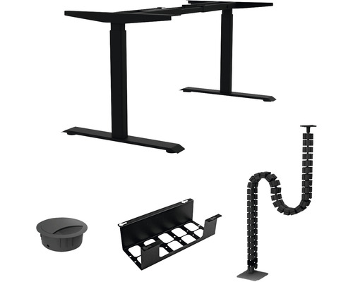 Homeoffice Set schwarz inkl. Tischgestell höhenverstellbar, Kabelkanal, Kabeldurchlass und Kabelkette