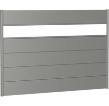 Gartenzaun aus Aluminium mit horizontalen Elementen und einem offenen Bereich oben