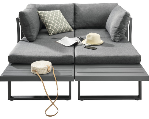 Gartenlounge-Set mit Kissen, Ablagetisch und Accessoires