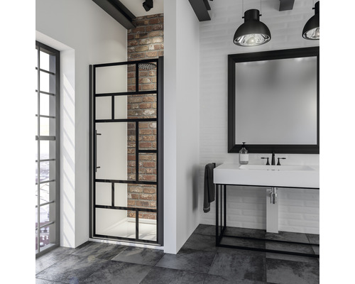 Duschtür in Nische mit Drehtür SCHULTE Alexa Style 2.0 Black Style ExpressPlus 90 cm Profil schwarz Glasdekor Atelier schmutzabweisende Glasbeschichtung Badezimmer mit Duschkabine im Industriedesign, Waschbecken und Spiegel