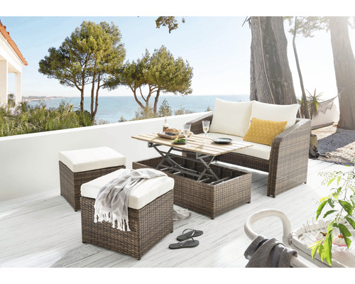 Gartenmöbelset Destiny Jersey 4 -Sitzer bestehend aus: Sofa,2x Hocker, Tisch, inkl. Auflagen Polyrattan Aluminium Braun