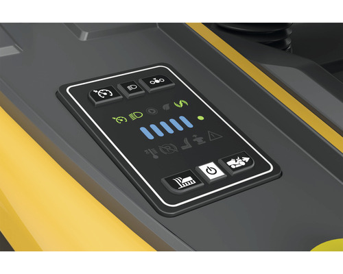 Bedienfeld einer Reinigungsmaschine mit verschiedenen Symbolen und Anzeigen