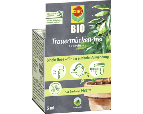 Trauermücken-frei COMPO BIO 5 ml Single Dose Konzentrat Compo Bio Trauermücken-frei für Zierpflanzen Packung mit dem Hinweis, dass es nicht bienengefährlich und für den ökologischen Landbau geeignet ist