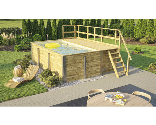 Holzpool mit Plattform, Leiter und gelbem Schwimmring im Garten