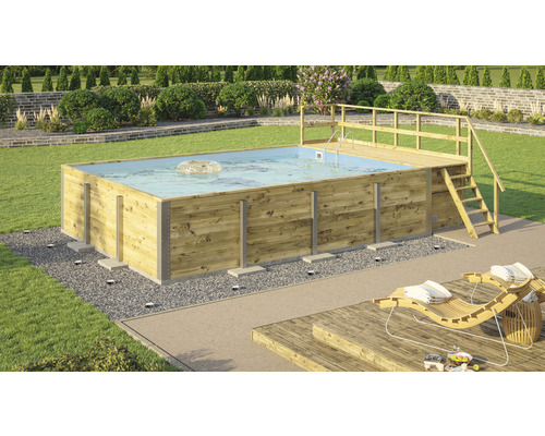 Aufbaubecken aus Holz mit Leiter im Garten