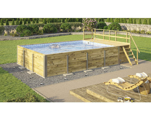 Holzpool mit Terrasse und Leiter im Garten