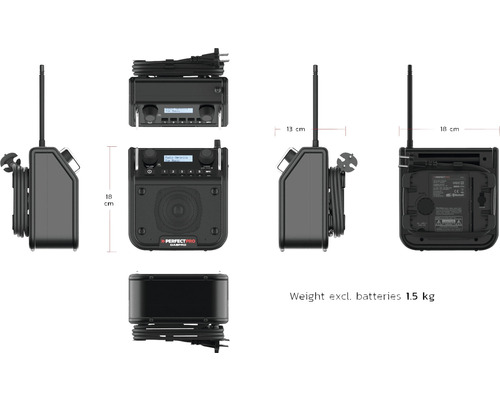 Perfectpro DABPRO Baustellenradio mit den Maßen 13 x 18 cm und einem Gewicht von 1,5 kg ohne Batterien.