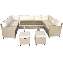 Dining-Set Gartenmöbelset Loungeset 9 -Sitzer bestehend aus: Dreisitzer-Sofa,2 Hocker,Tisch,inkl, Auflagen Polyrattan Stahl Beige-thumb-1