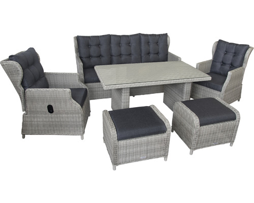 Dining-Set Gartenmöbelset Loungeset 5 -Sitzer bestehend aus: Dreisitzer-Sofa,2 Sessel,2 Hocker,Tisch,inkl, Auflagen Polyrattan Aluminium Grau