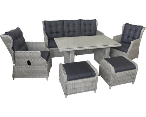 Dining-Set Gartenmöbelset Loungeset 5 -Sitzer bestehend aus: Dreisitzer-Sofa,2 Sessel,2 Hocker,Tisch,inkl, Auflagen Polyrattan Aluminium Grau Dining-Set Gartenmöbelset Loungeset 5 -Sitzer bestehend aus: Dreisitzer-Sofa,2 Sessel,2 Hocker,Tisch,inkl, Auflagen Polyrattan Aluminium Grau