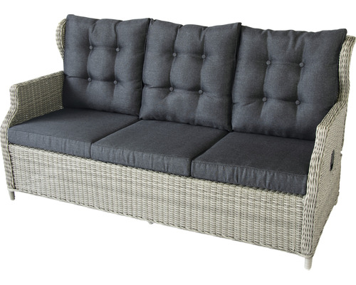 Rattan Dreisitzer Sofa mit grauen Kissen