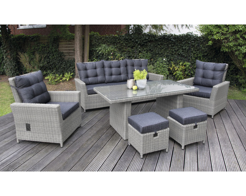 Dining-Set Gartenmöbelset Loungeset 5 -Sitzer bestehend aus: Dreisitzer-Sofa,2 Sessel,2 Hocker,Tisch,inkl, Auflagen Polyrattan Aluminium Grau