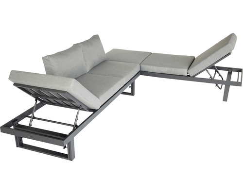 Graue Gartenlounge mit verstellbaren Elementen.