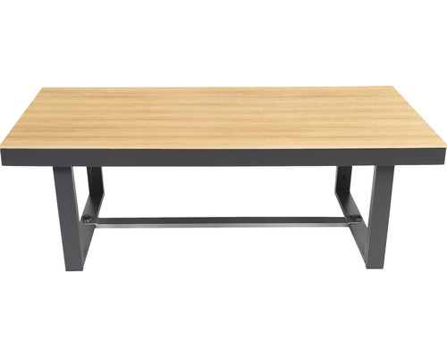 Rechteckiger Tisch mit Holzplatte und Metallbeinen