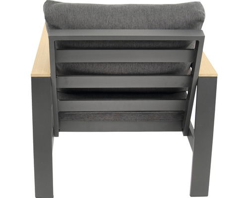 Gartenstuhl mit Aluminiumgestell und grauen Kissen von hinten