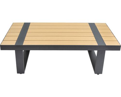 Quadratischer Terrassentisch mit Tischplatte in Holzoptik und Metallgestell