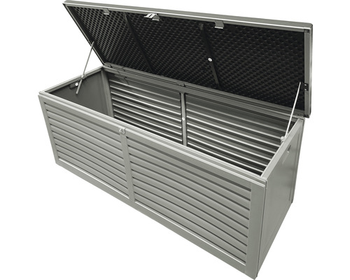 Geöffnete Gartenbox aus Metall mit Lamellenstruktur