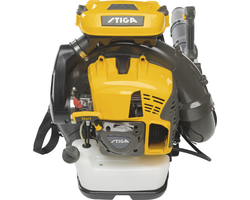 Rückansicht eines gelben Laubbläsers der Marke Stiga