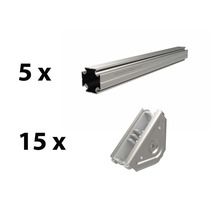 Fünf Aluminiumprofile und fünfzehn Eckverbinder für Montage