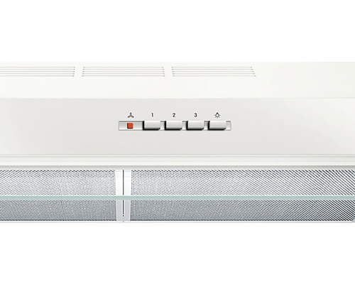 Detailansicht einer Dunstabzugshaube mit Bedienelementen und Metallfilter