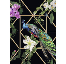Pfau zwischen Blüten und Pflanzen vor einem goldenen geometrischen Hintergrund