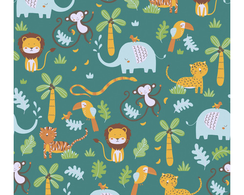Vliestapete 38115-1 Little Love Dschungel-Tiere blau gelb Illustration mit Dschungeltieren und Pflanzen im Cartoon-Stil