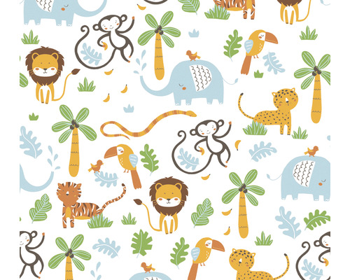 Vliestapete 38115-2 Little Love Dschungel-Tiere weiß blau gelb Illustration mit Dschungeltieren wie Elefanten, Affen, Löwen, Tigern, Leoparden, Schlangen und Vögeln