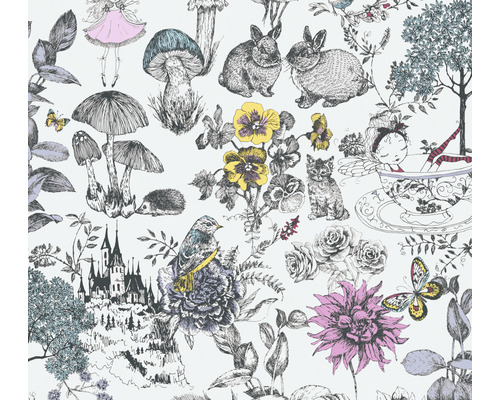 Vliestapete 38120-1 Little Love Tiere & Feen schwarz weiß Muster mit Illustrationen von Märchenfiguren, Tieren und Pflanzen