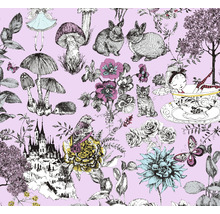 Muster mit Illustrationen von Waldtieren, Blumen, Pilzen, einem Schloss und einer Fee