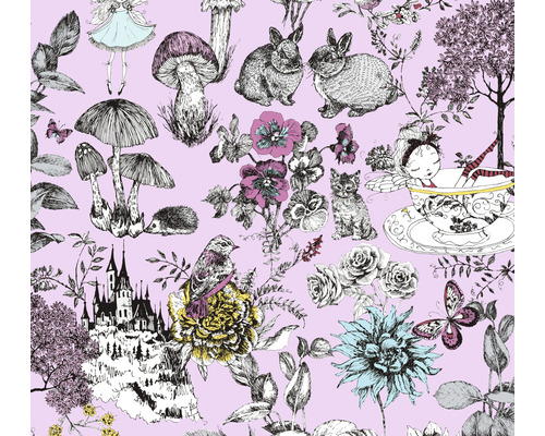 Vliestapete 38120-3 Little Love Tiere & Feen rosa Muster mit Illustrationen von Waldtieren, Blumen, Pilzen, einem Schloss und einer Fee