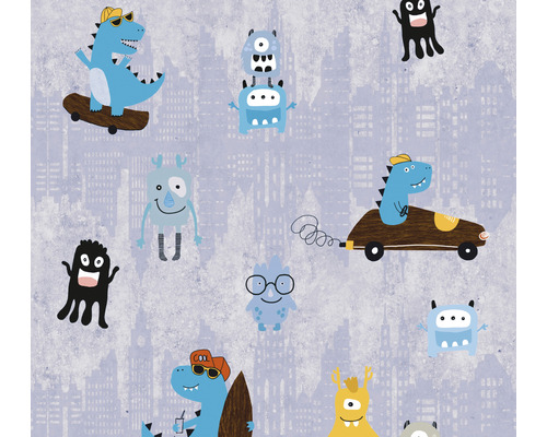 Vliestapete 38121-1 Little Love Monster & Dinos grau blau Tapete mit Monster und Stadtdesign
