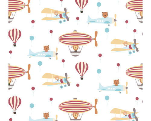 Vliestapete 38126-1 Little Love Ballons Flugzeuge orange rot Muster mit Flugzeugen, Luftschiffen, Ballons und Tieren