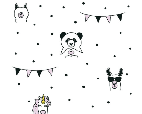 Vliestapete 38138-1 Little Love Punkte & Tiere schwarz weiß rosa Tapete mit Lama, Panda, Einhorn und Wimpelketten Muster