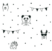 Schwarz-weiße Illustration mit Lama, Panda, Einhorn, Girlanden und Punkten