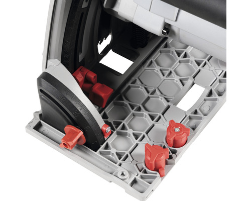 Detailansicht einer Tauchsäge mit roter Feststellschraube und Winkeleinstellung