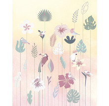 Illustration von Blumen, Blättern und tropischen Vögeln