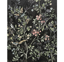 Tapete mit Ästen, Blättern, Blüten und Vogelmotiven